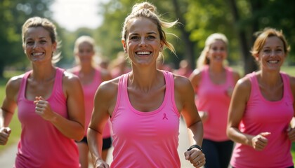 Women runners in pink shirts participate in a breast cancer awareness run. They run in unity outdoors on a sunny day. Solidarity and support are evident. Breast cancer awareness is the main theme.