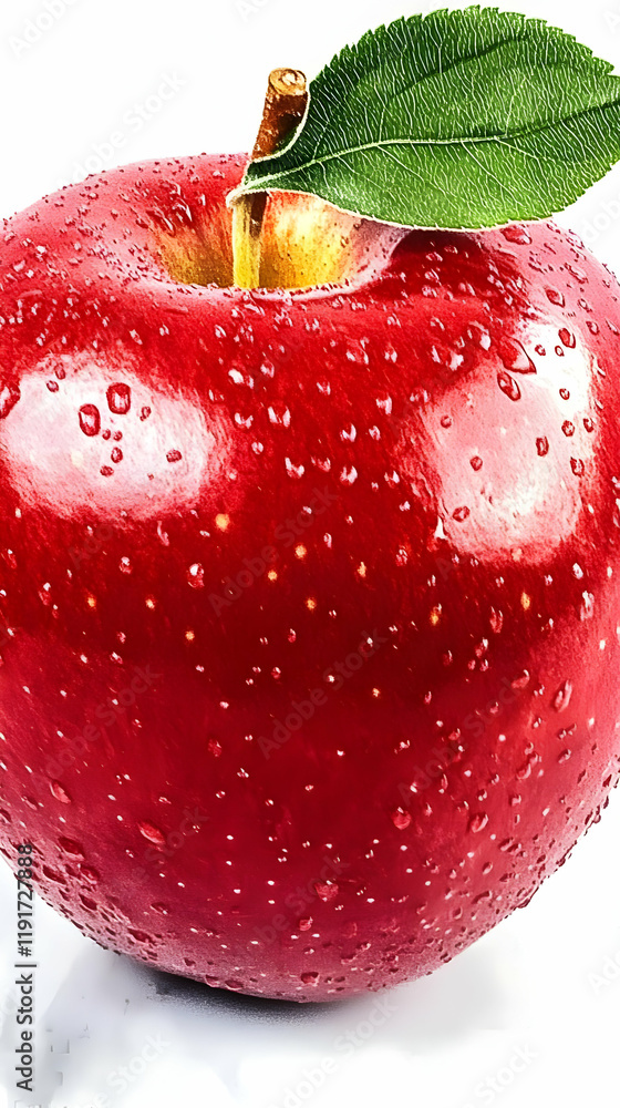 Poster fresh red apple with water droplets and a leaf on a white background