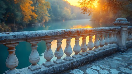 Autumn sunrise, river view from stone balustrade