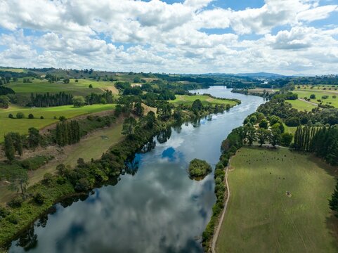 Aerial view of Waikato river winding through a lush green valley. Cattle graze peacefully in the fields. Tranquil rural landscape. WAIKATO RIVER, PUTARURU, WAIKATO, NEW ZEALAND