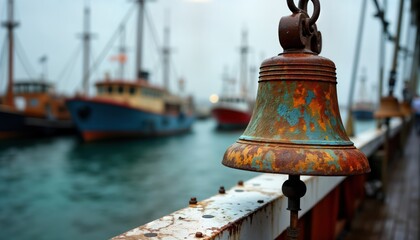 Fototapeta premium Close-up of rusty ship bell on deck. Several boats moored in harbor behind. Cloudy sky suggests maritime setting. Rusty bell with weathered paint. Photo evokes maritime history, nostalgia. Old