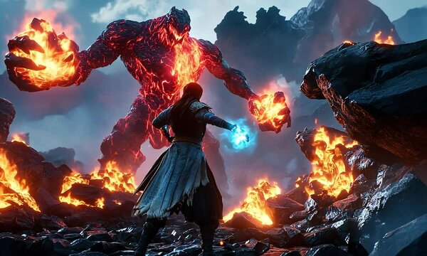 A powerful magician confronts a massive lava monster in an epic fantasy landscape filled with fiery eruptions and mystical energy, showcasing a battle between good and evil with ai generated.