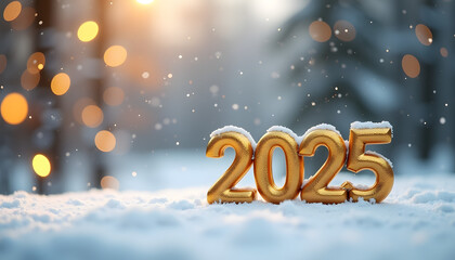 Elegant New Year's Eve scene, golden &ldquo;2025&rdquo; statue on the right side, minimalistic snowy background with soft holiday lighting