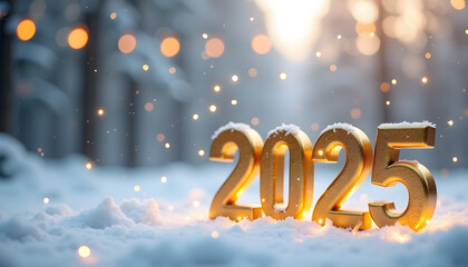 Elegant New Year's Eve scene, golden &ldquo;2025&rdquo; statue on the right side, minimalistic snowy background with soft holiday lighting