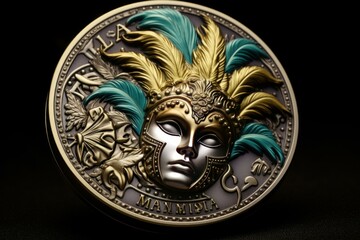 Silver coin showcasing a venetian carnival mask with vibrant feathers, celebrating tradition and artistry