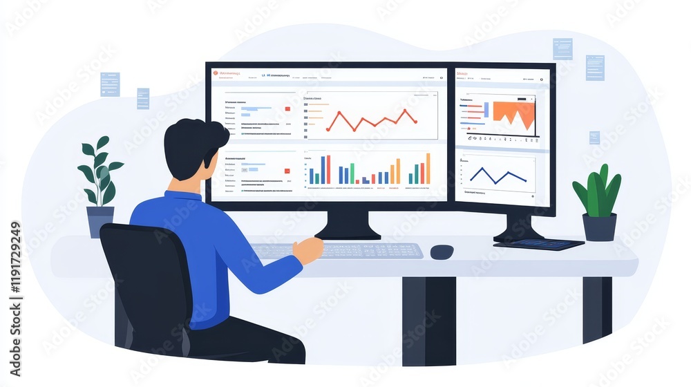 Poster man at desk focused on computer work in modern office setting