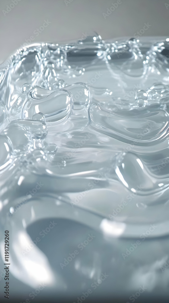 Poster clear viscous liquid flows and forms bubbles with glossy highlights, a close-up view.