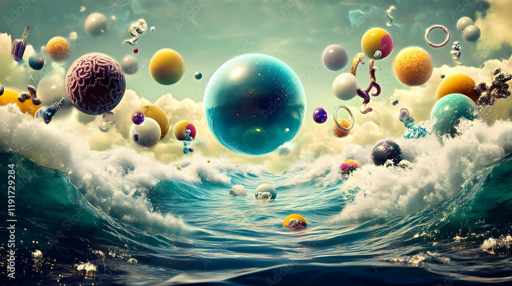 Aufkleber surreal ocean scene: colorful spheres and abstract objects float above crashing waves under a dreaml