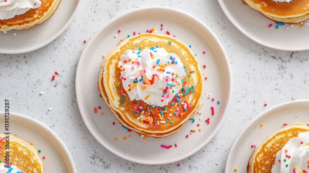 Poster overhead shot of three stacks of pancakes topped with whipped cream and sprinkles on small plates.