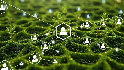 Green Network Growth: Abstract representation of interconnectedness and growth, with human icons nestled within a verdant, organic network. A visual metaphor for sustainable development.