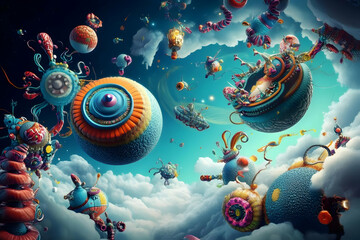 Whimsical Spaceships Soar Through a Candy-Colored Sky with Fluffy Clouds, in a Surreal 3D Illustration