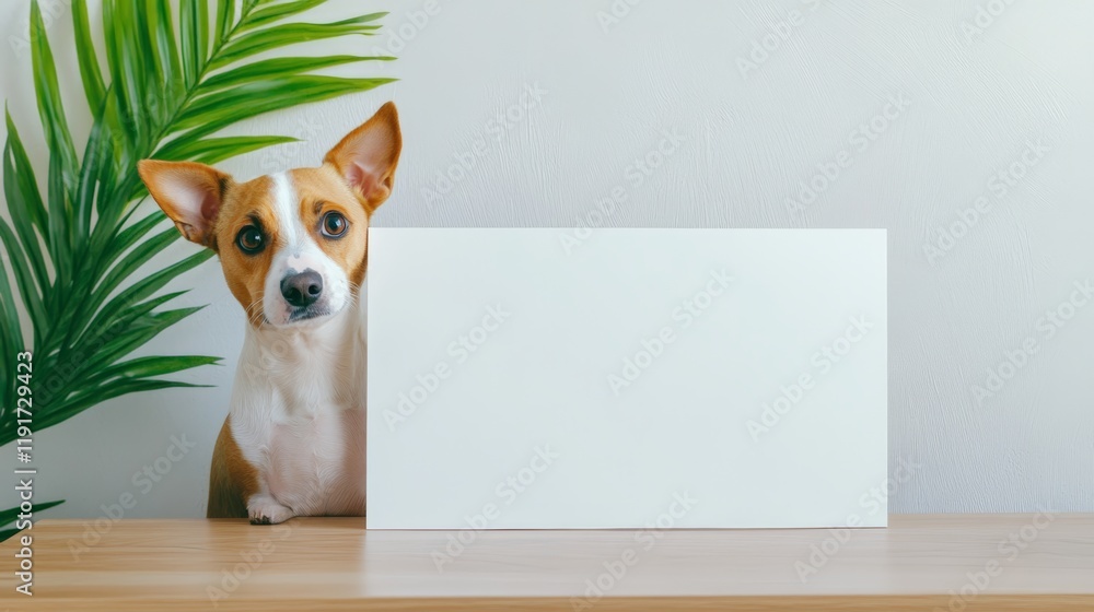 Poster small jack russell dog is hiding behind a blank white board placed on wooden table, with palm tree l