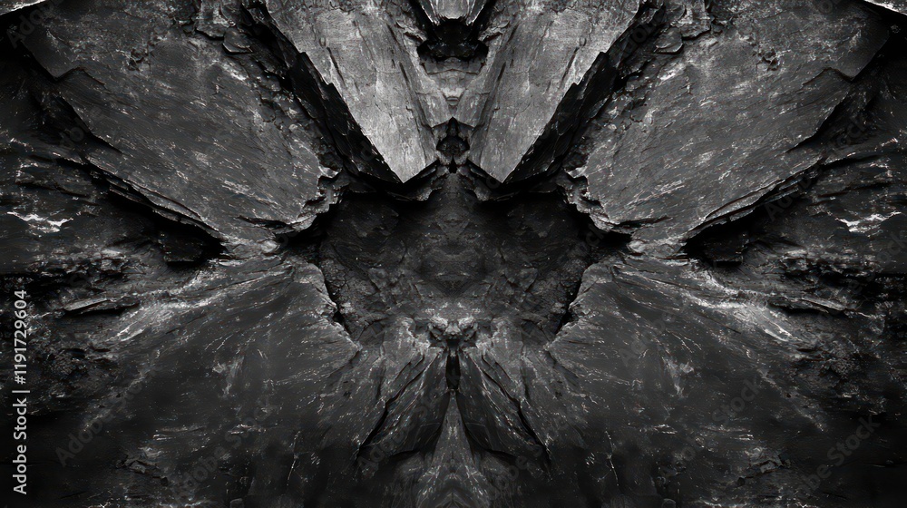 Poster Abstract grayscale image of symmetrical rock formation resembling a creature.