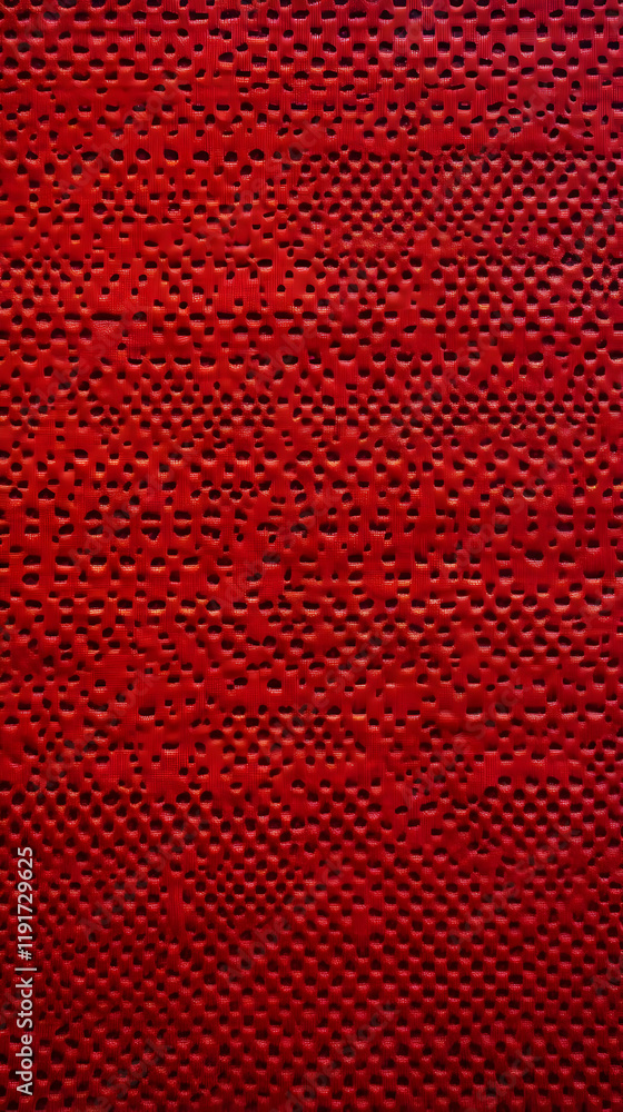 Poster intricate red textured surface displays a pattern of holes and ridges evenly spaced across.
