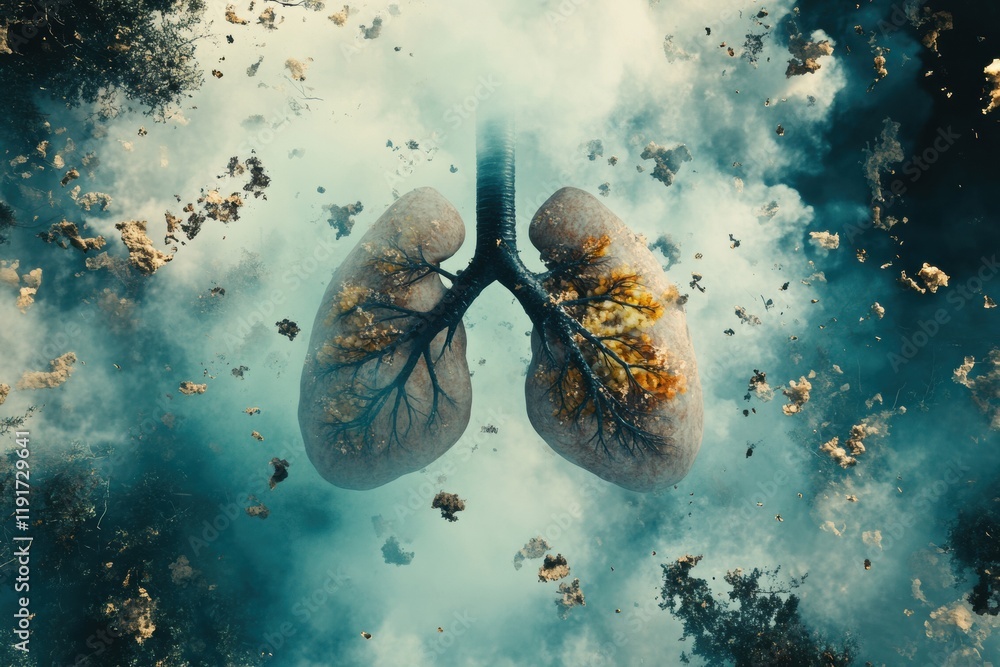 Aufkleber lungs surrounded by smog and dust particles illustrate the impact of pollution on respiratory health