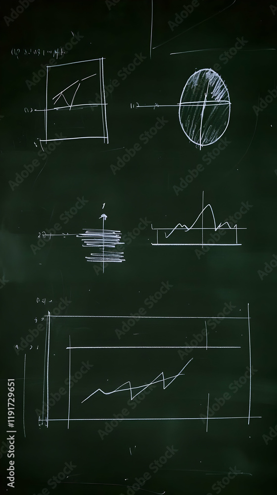 Poster chalkboard displays hand-drawn charts, graphs, and geometric shapes, representing data analysis and 