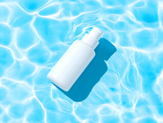 White cosmetic bottle floats on rippling blue water surface, creating a refreshing summer skincare scene.
