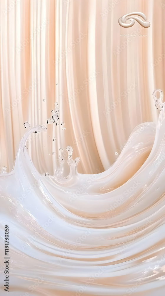 Poster creamy liquid splashes dynamically against a soft peach backdrop with elegance