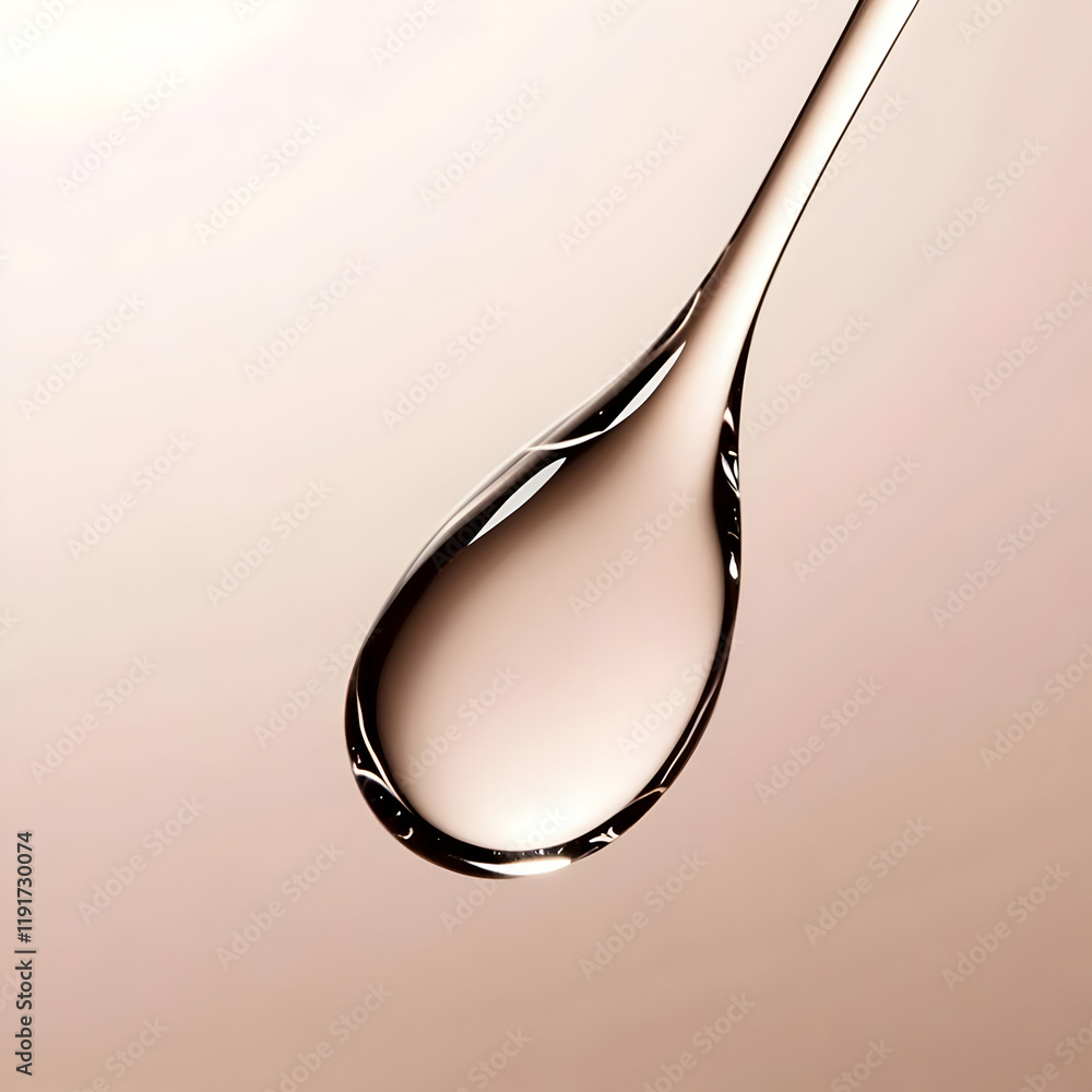 Poster close-up of a single drop of liquid hanging, reflecting light on a soft gradient background