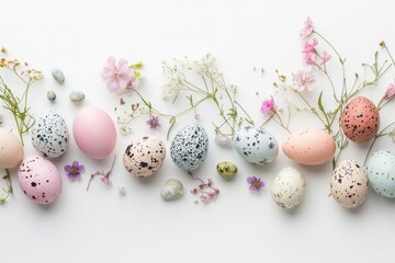 Delicate border of pastel Easter eggs and small flowers on a white background