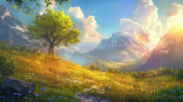 a beautiful harmonically landscape in summer with mountain and blue sky full of cloud background seamless looping overlay 4k virtual video animation background