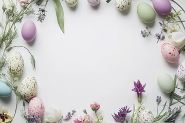 Floral wreath with Easter eggs, forming a circular frame on a white background