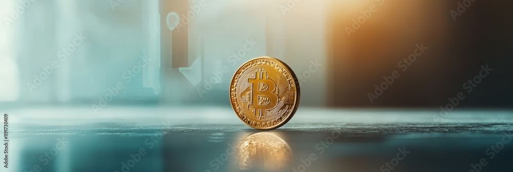 Poster Golden bitcoin standing on its edge on a reflective surface, illuminated by a warm sunlight coming from the right, with a blurred background hinting at an office space