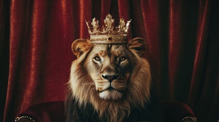 Regal lion portrait showcases majestic animal adorned with a golden crown against a rich backdrop...