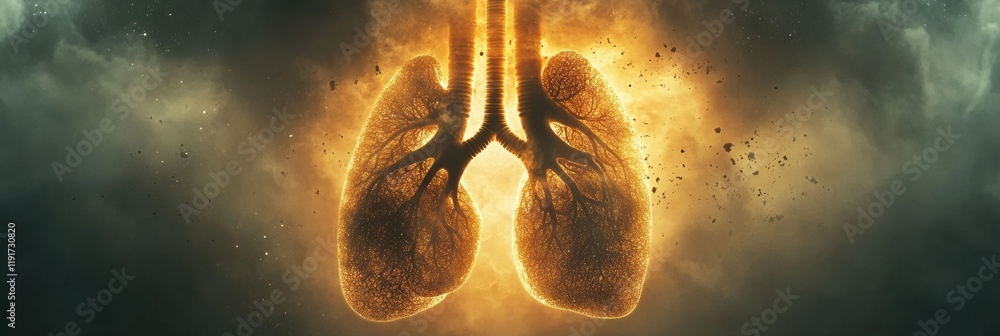 Poster realistic depiction of human lungs surrounded by smog and dust particles highlighting pollution effe