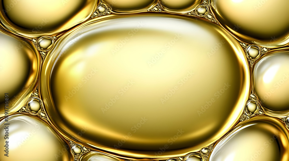 Poster golden liquid bubbles merge and form an abstract background with smooth, reflective surfaces.