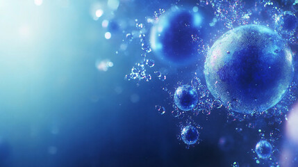 Close-up of blue exosome particles inside transparent spheres, representing biotechnology and scientific visualization in cosmetology and trichology, with blurred light tones highlighting chaos