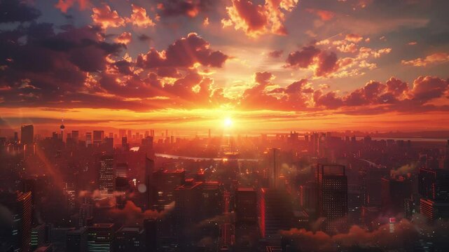 sunset in the city in anime style created with 3d and sunlight and cloud background seamless looping overlay 4k virtual video animation background