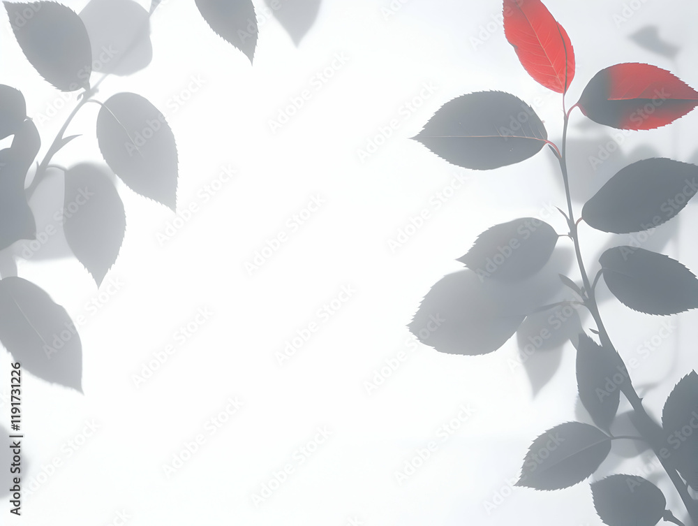Poster red and dark leaves cast shadows on a white backdrop creating an artistic contrast and minimalist ae
