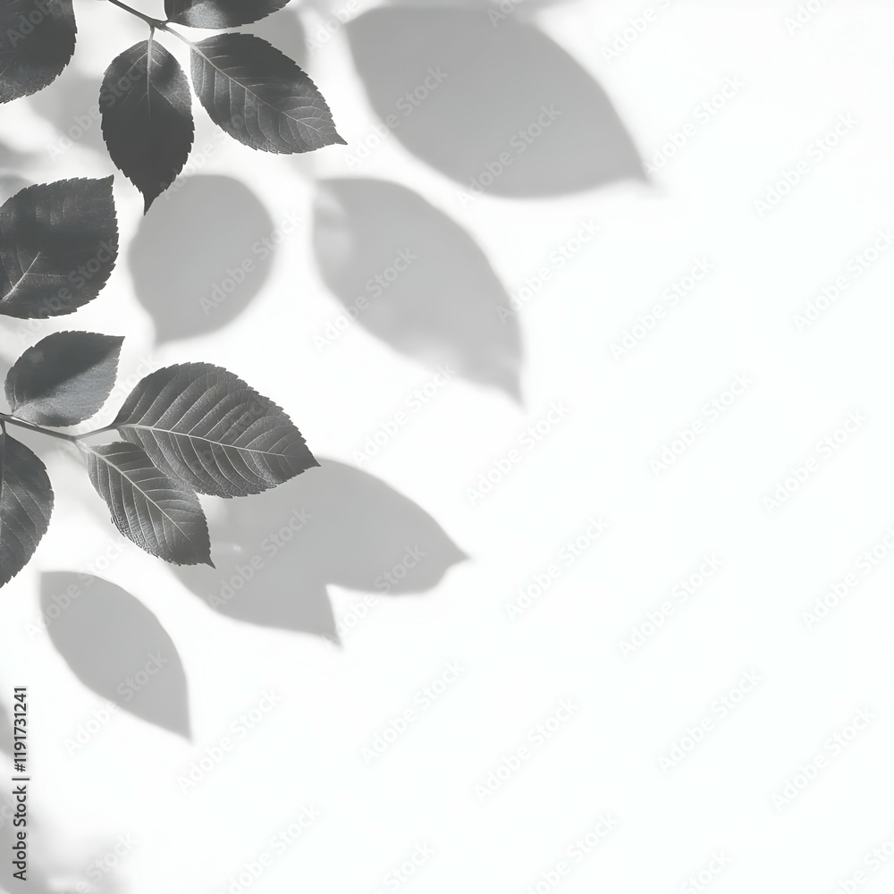 Aufkleber dark leaves cast subtle shadows on a pristine white background, creating a serene minimalist composi