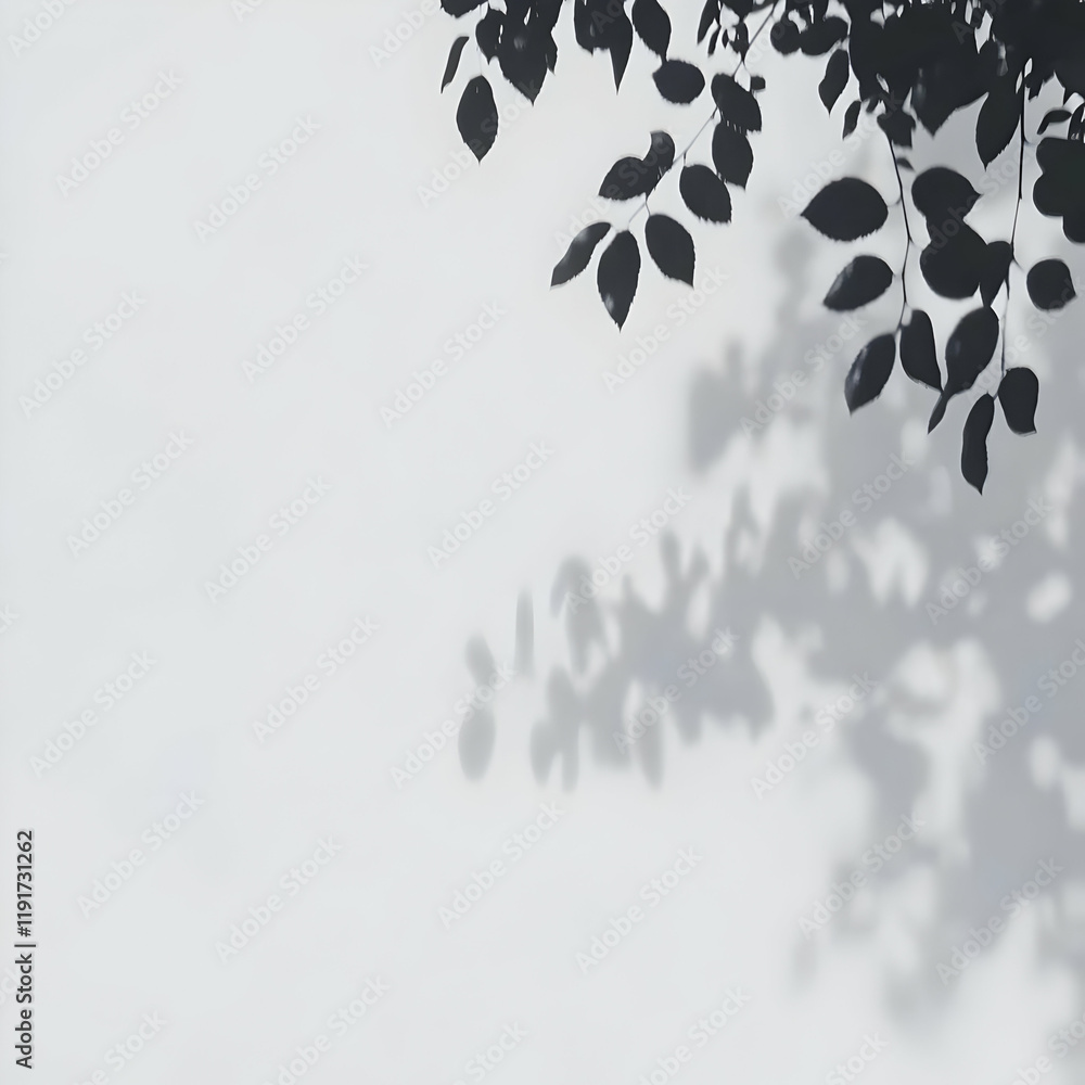 Aufkleber silhouette of leaves casts a shadow on a plain white wall, creating a minimalist abstract background