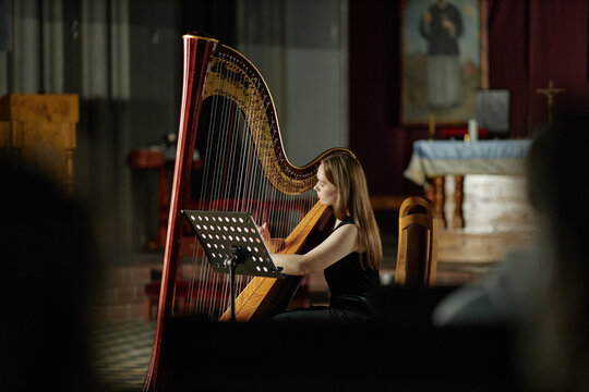 Side view of young professional female musician giving solo concert in church playing fascinating classical music on harp for audience, copy space