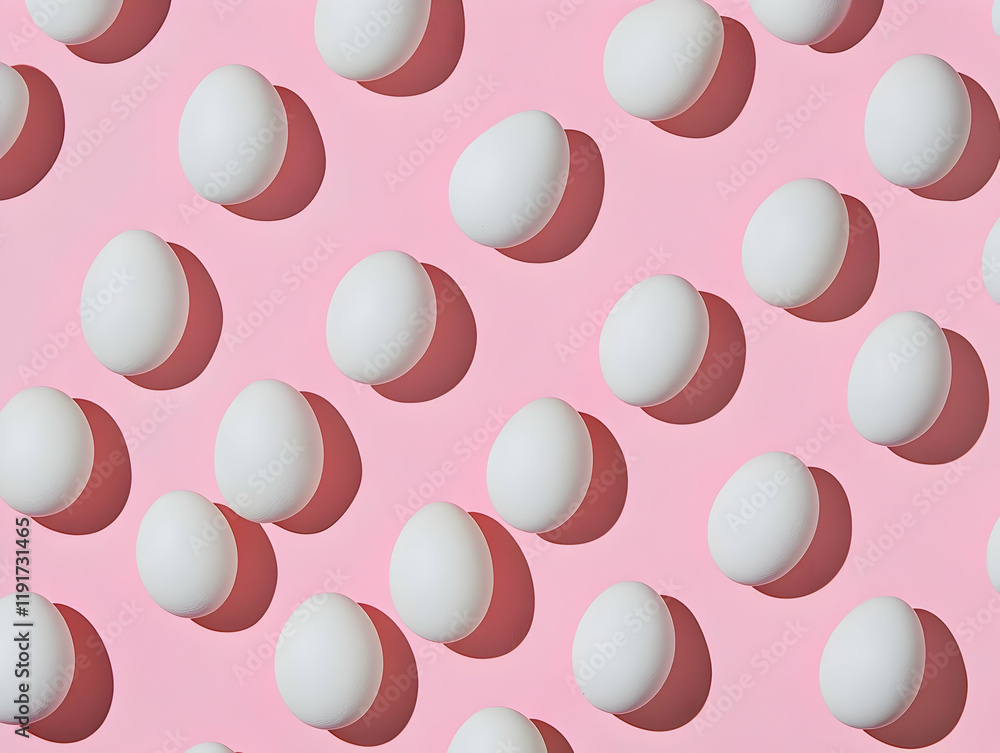 Poster white eggs arranged on a pink background with cast shadows form a repetitive pattern