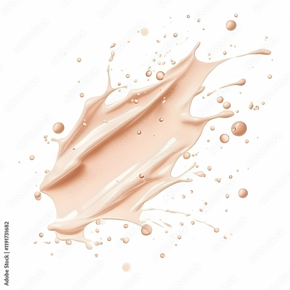 Poster beige liquid foundation splash with droplets dynamically spreads across a clean white background