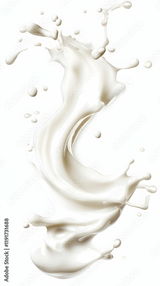 Poster white liquid splashing dynamically with droplets on a white background