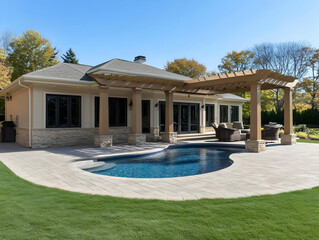 Luxury backyard with a custom in-ground pool, pergola, and patio area perfectly for relaxation.