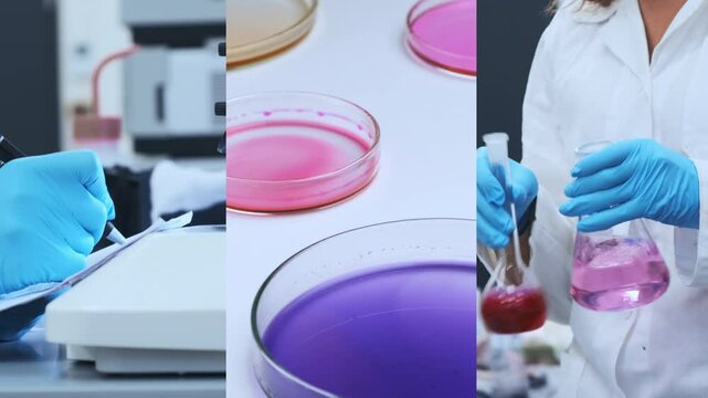 Video collage from the chemical laboratory, scientist writing notes, mixing reagents and prepared agar media in Petry dish for biochemical analysis.