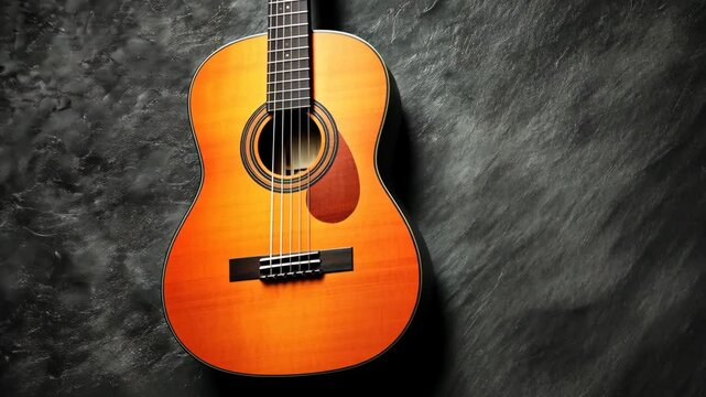 Beautiful acoustic guitar resting on a dark textured surface showcasing its craftsmanship and design