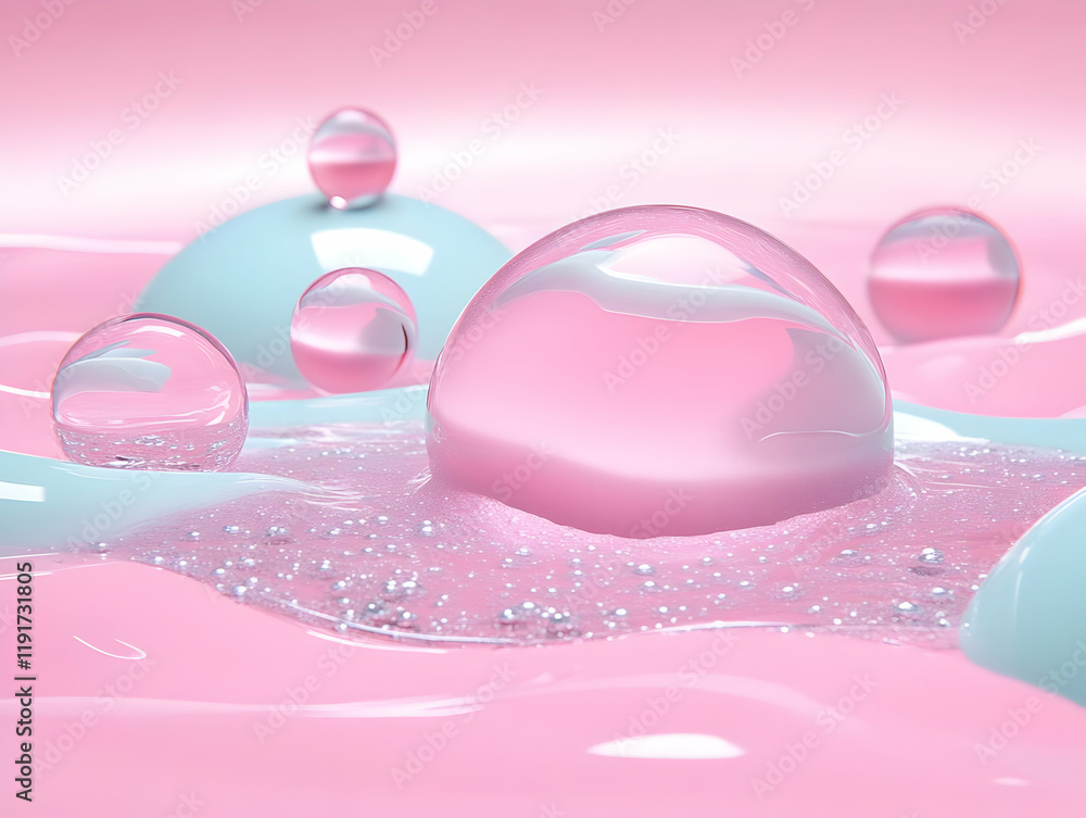 Poster 3d render of transparent bubbles floating on a pink and blue liquid surface with tiny bubbles