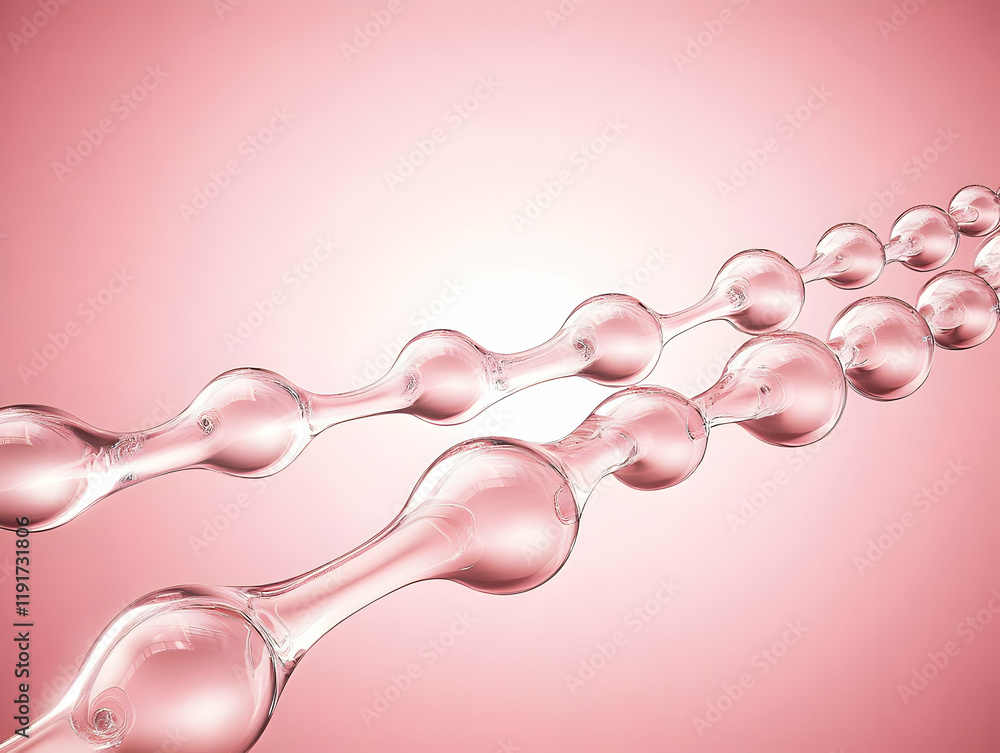 Poster abstract 3d render of glass bubbles connected form a flowing chain with elegance on a soft pink back