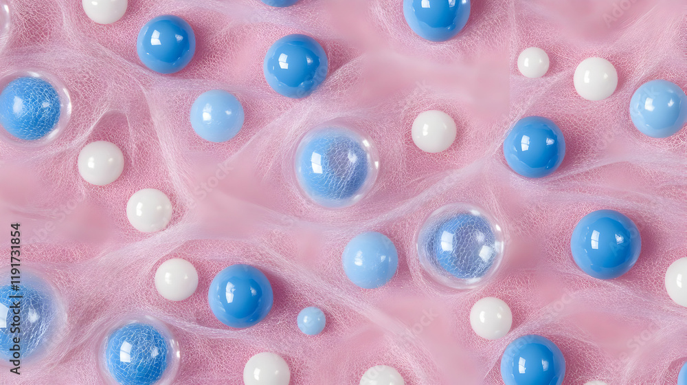 Poster Blue and White Spheres Rest on Pink Tulle Fabric, Creating a Textured Abstract Background with Softness.