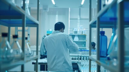 Obraz premium A detailed view of a pharmaceutical scientist conducting experiments in a drug development laboratory, Pharmaceutical research scene, Biomedical research style
