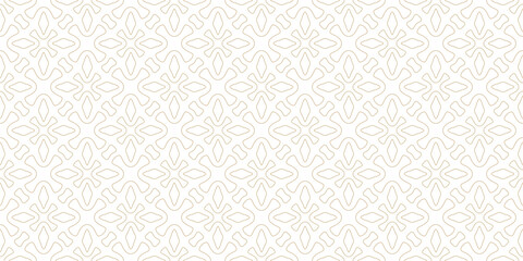 Linear vector geometric seamless pattern. Abstract golden ornamental texture with flower silhouettes, leaves, crosses, outline shapes. Simple luxury gold and white background. Repeating geo design