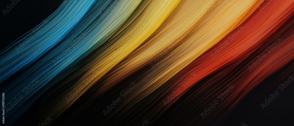Poster colorful abstract lines in vibrant hues creating dynamic waves and depth on a dark background