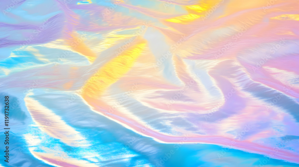 Poster iridescent holographic material creates a colorful abstract background with a smooth, wavy texture.