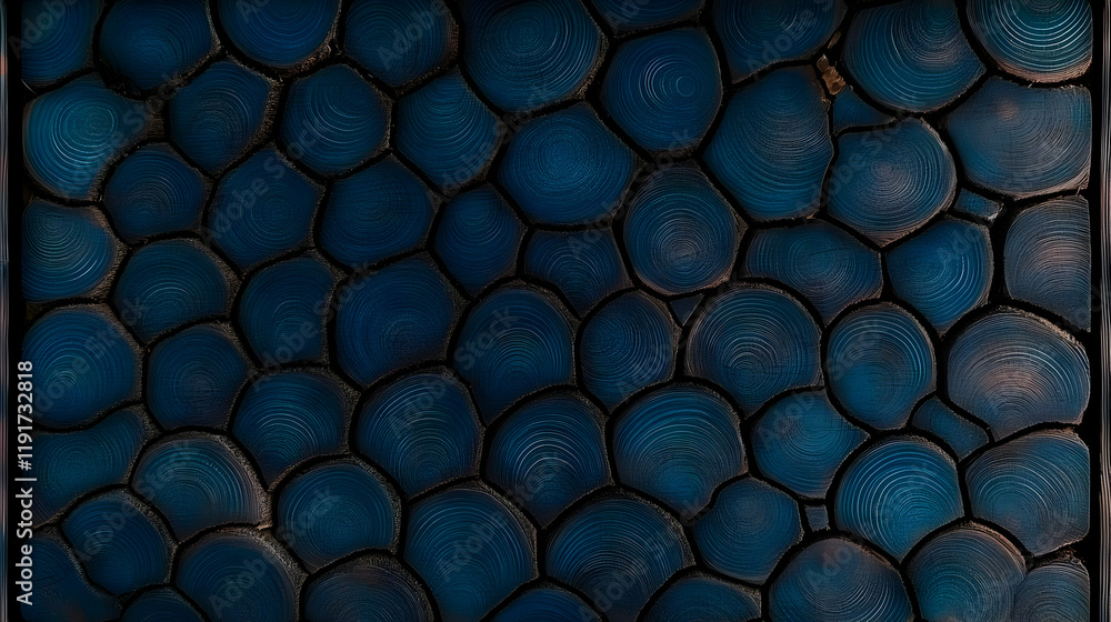Poster dark blue stained wood cross-sections form an intricate textured surface pattern background.